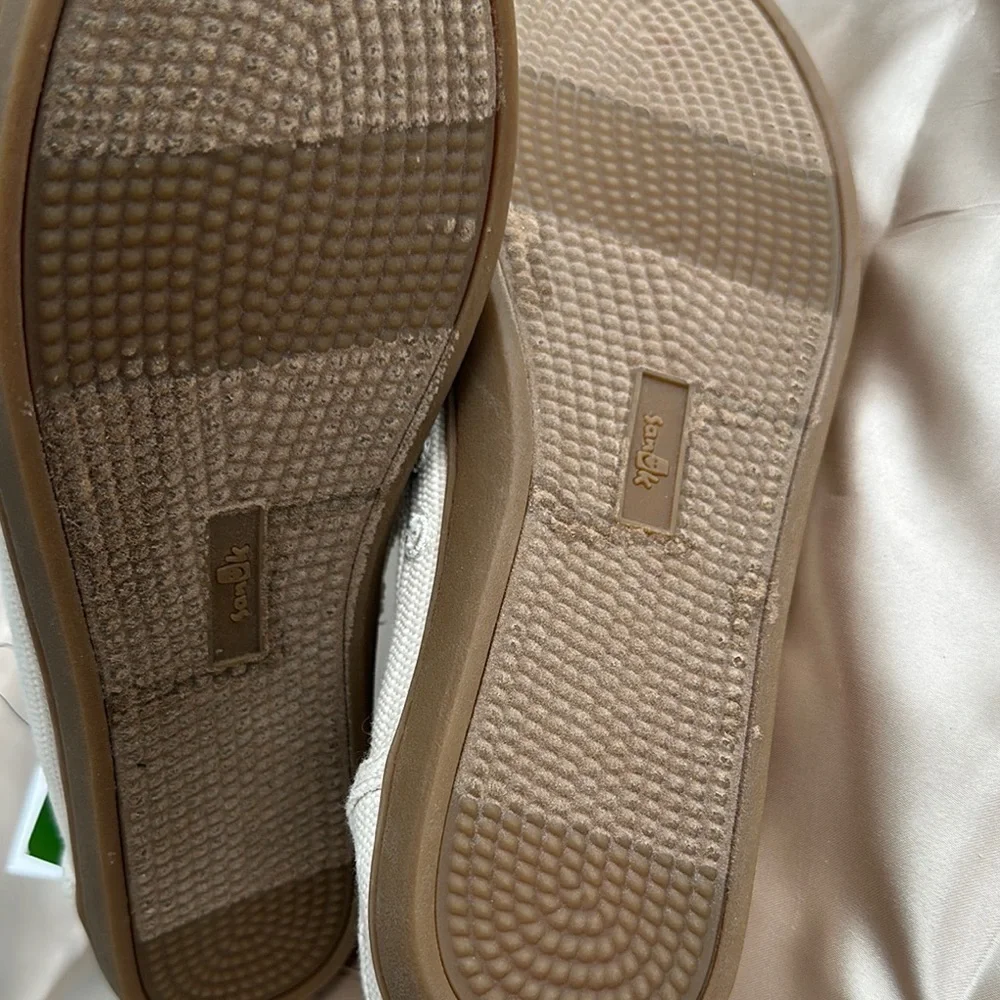 Sanuk Cream Slip-On Loafers with Textured Fabric